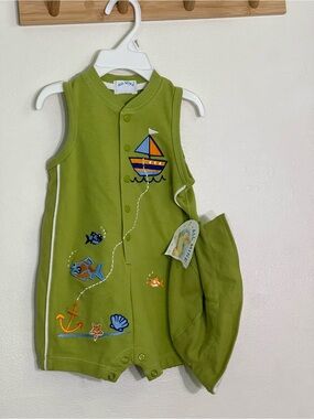 All Mine 100% cotton baby boy Green Nautical appliqués dead stock romper w/ Hat